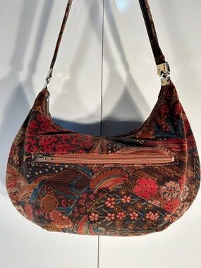 Vintage Brown Velvet Floral Pattern Shoulder Strap Bag Boho Cottage 70' Heritage